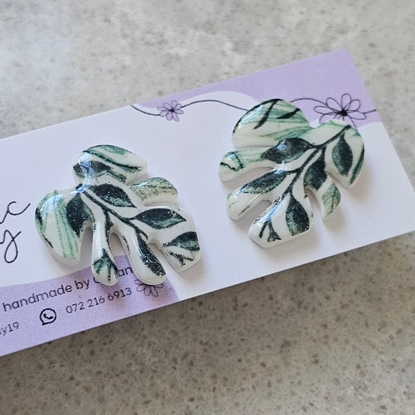 Polymer Clay Earrings - Monstera studs