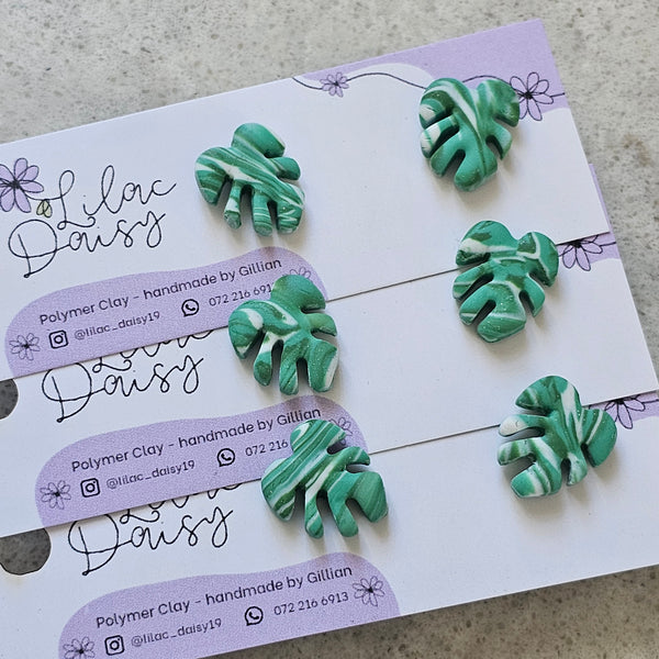 Polymer Clay Earrings - Monstera studs small