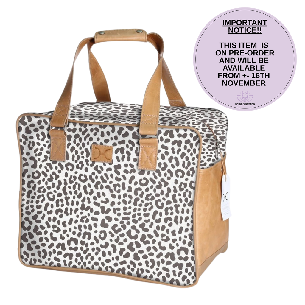 Large Weekender Luggage | Laminated Fabric with Genuine Leather - Cheetah - White