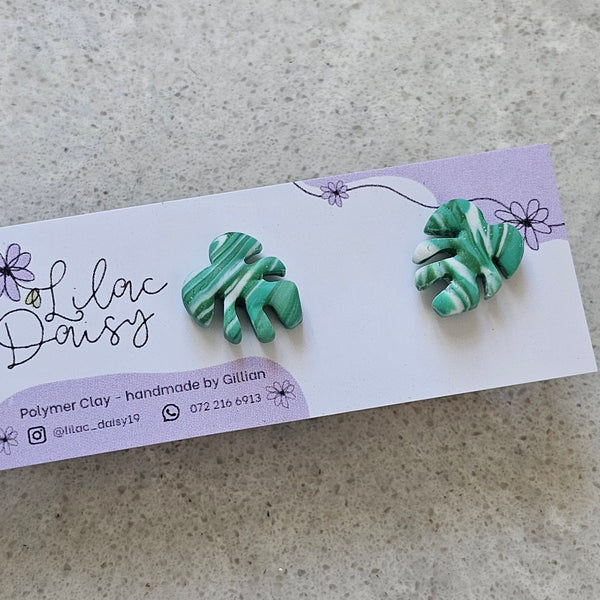 Polymer Clay Earrings - Monstera studs small