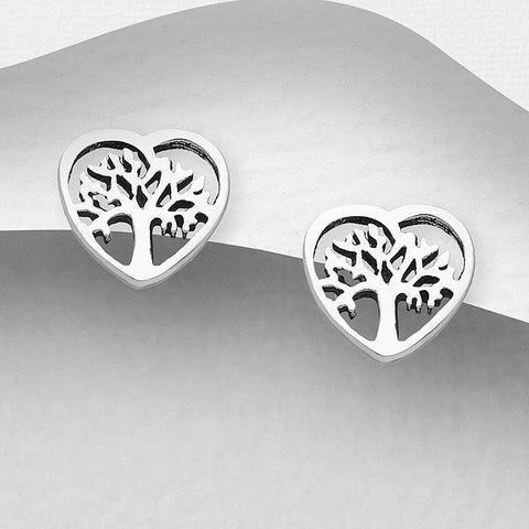 Tree of Life Heart Sterling Silver Stud Earrings