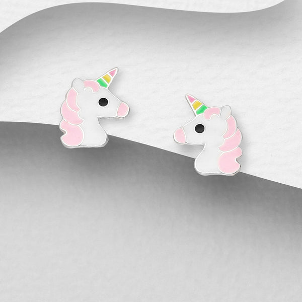 Unicorn - Sterling Silver Stud Earrings (Decorated with Enamel)