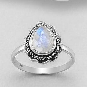 Sterling Silver Oxidized Teardrop Ring with Rainbow Moonstone