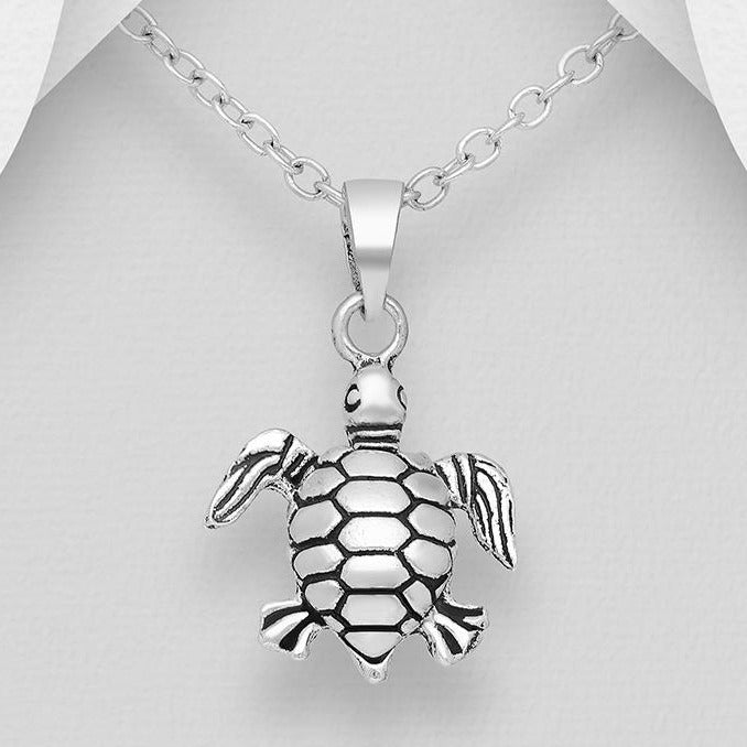 Oxidized Turtle Sterling Silver Pendant - Style 2