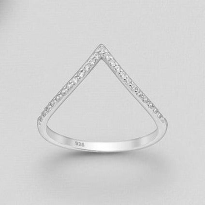 Sterling Silver Chevron Ring, Decorated with Cubic Zirconia