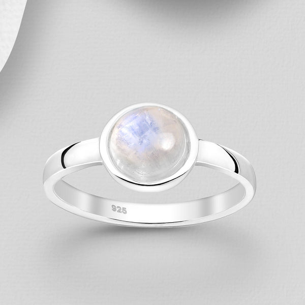 Sterling Silver Ring with Round Rainbow Moonstone
