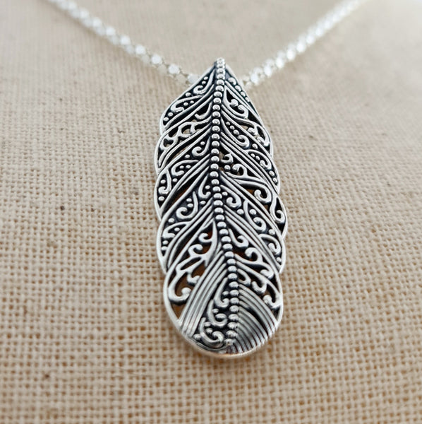Oxidized Feather Sterling Silver Pendant