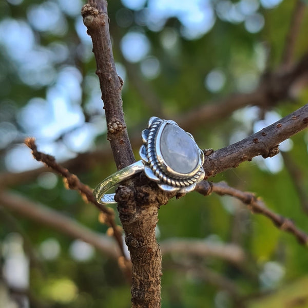 Sterling Silver Oxidized Teardrop Ring with Rainbow Moonstone