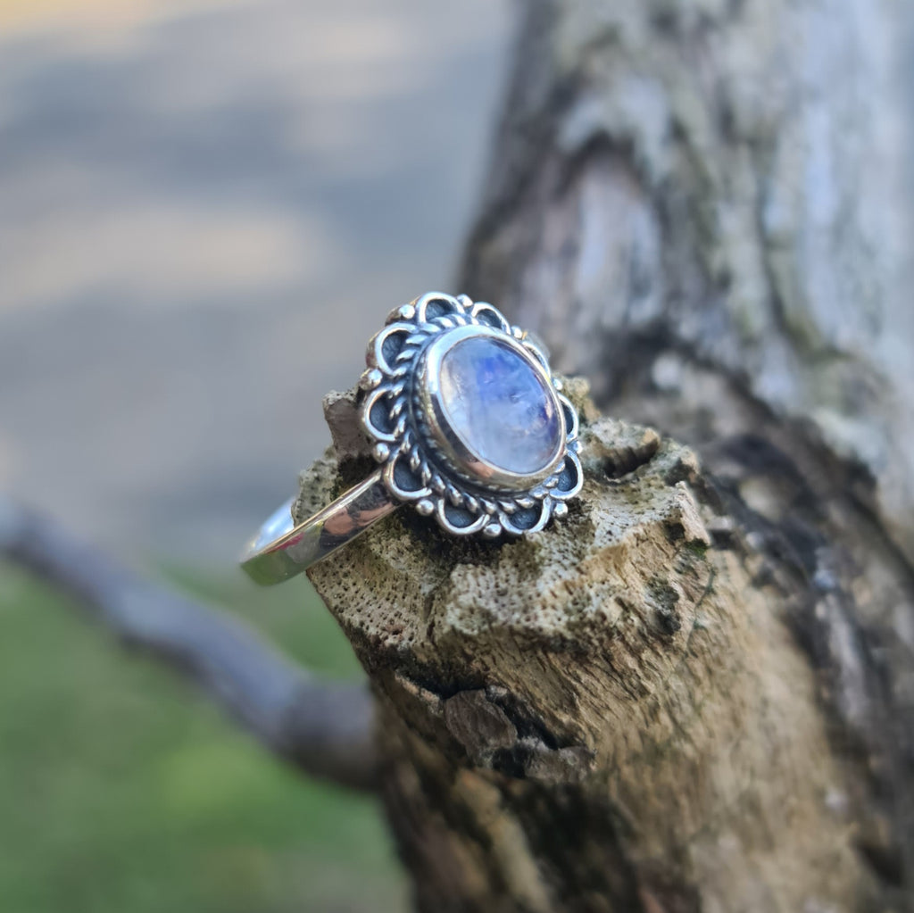 Sterling Silver Oxidized Ring with Rainbow Moonstone