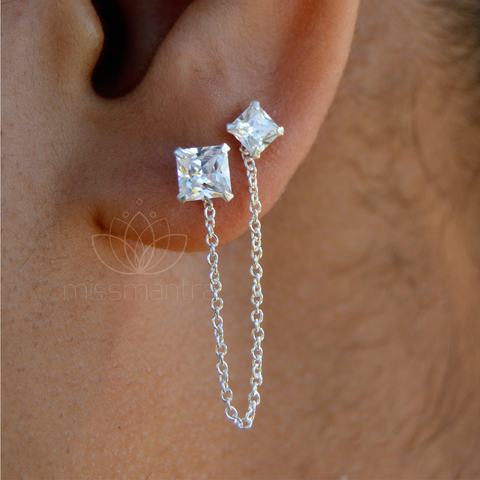 Sterling Silver Double Stud Earrings Decorated with Cubic Zirconia