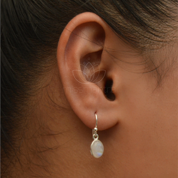 Sterling Silver Oval Rainbow Moonstone Hook Earrings