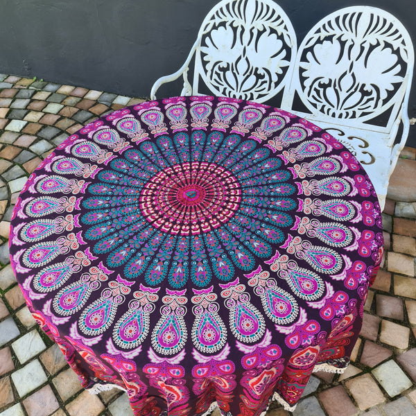 Plum Peacock Mandala Roundie - Tassel Fringe