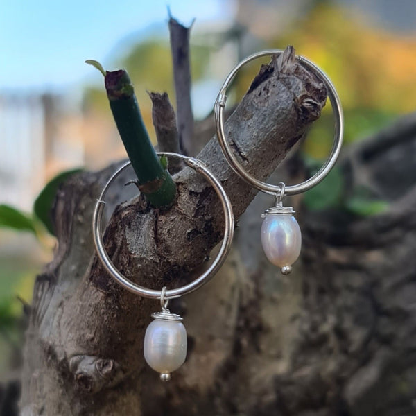 Sterling Silver Hoop Earrings with Oval Freshwater Pearls