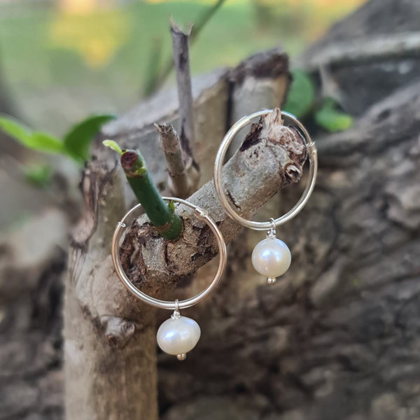 Sterling Silver Hoop Earrings with Round Freshwater Pearls
