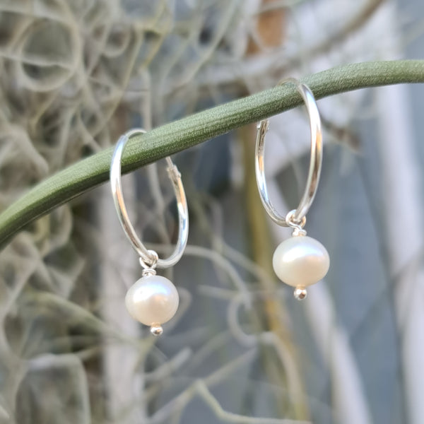 Sterling Silver Hoop Earrings with Round Freshwater Pearls