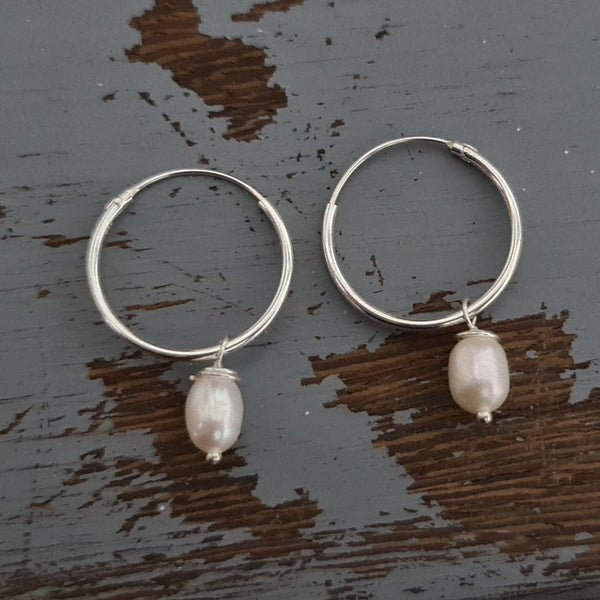 Sterling Silver Hoop Earrings with Oval Freshwater Pearls