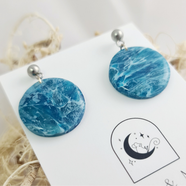 Polymer Clay Blue Marbled Dangle Earrings