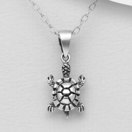 Oxidized Turtle Sterling Silver Pendant - Style 1