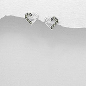 Sterling Silver Heart Stud Earrings (Decorated with Marcasite)