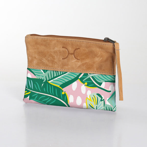 Pouch Laminated Fabric With Leather - Spot the Leaf - Pink
