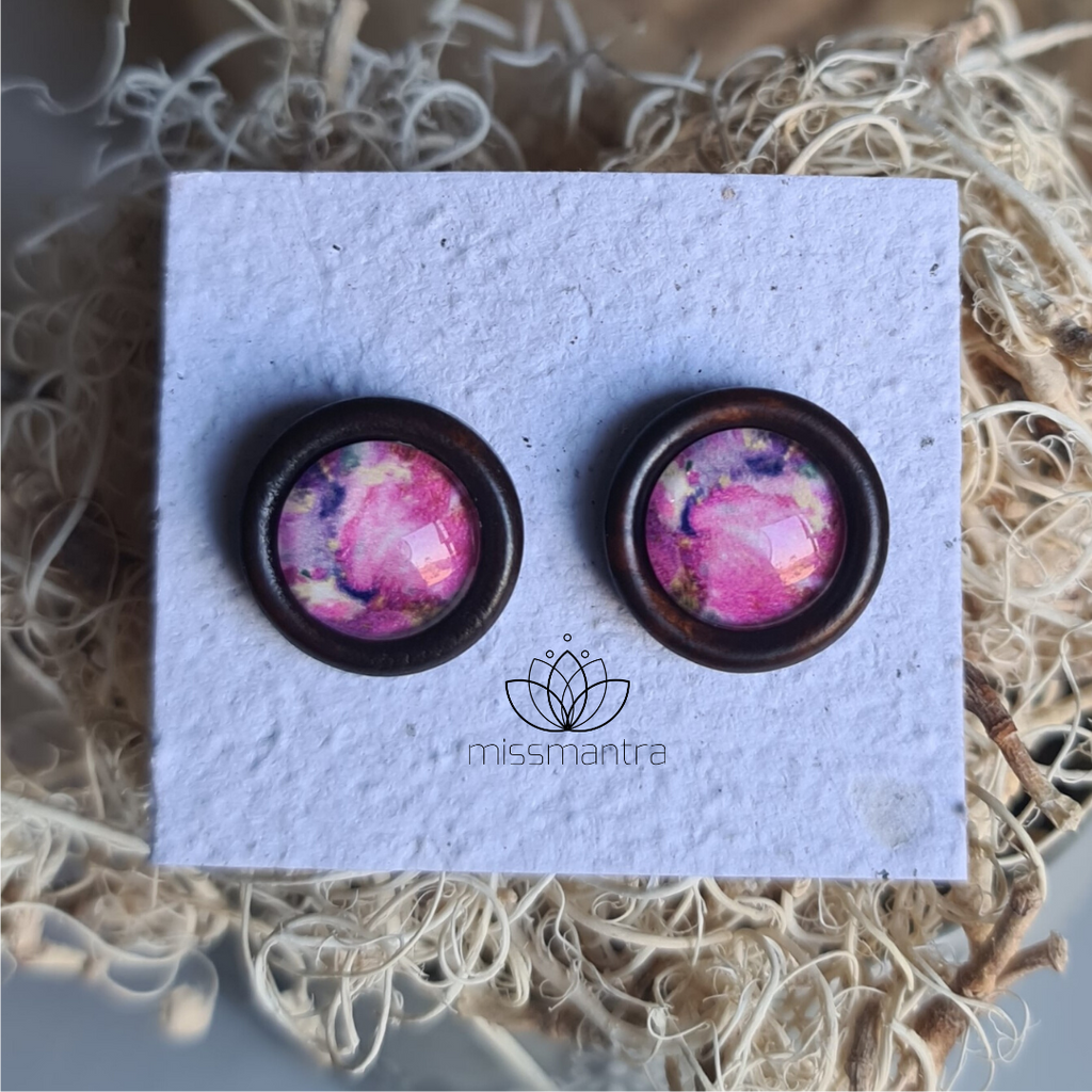 Purple Marble - Wooden Dome Earrings